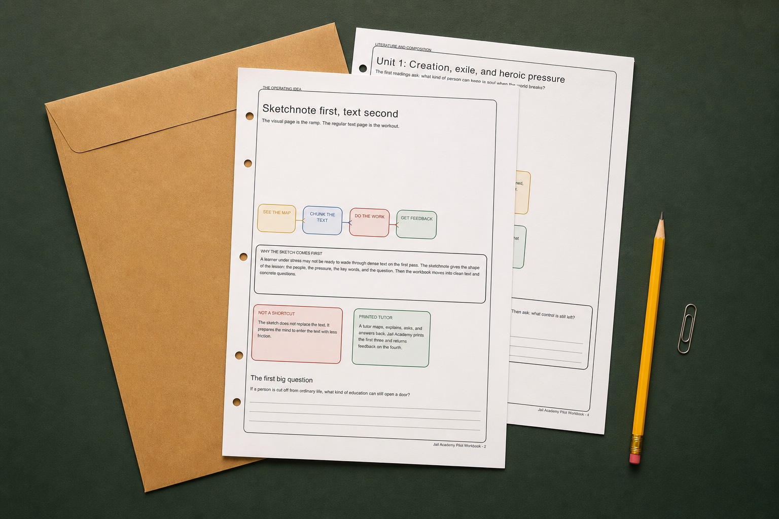 A real Jail Academy lesson packet next to a mailing envelope